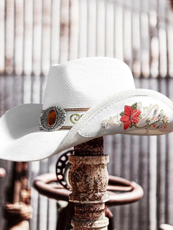 Women\'s White Straw Western Embroidered Imported Canvas Paper Cowgirl Hat main image 6